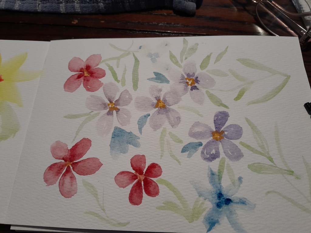 Watercolour painting of scattered pink, purple and blue flowers