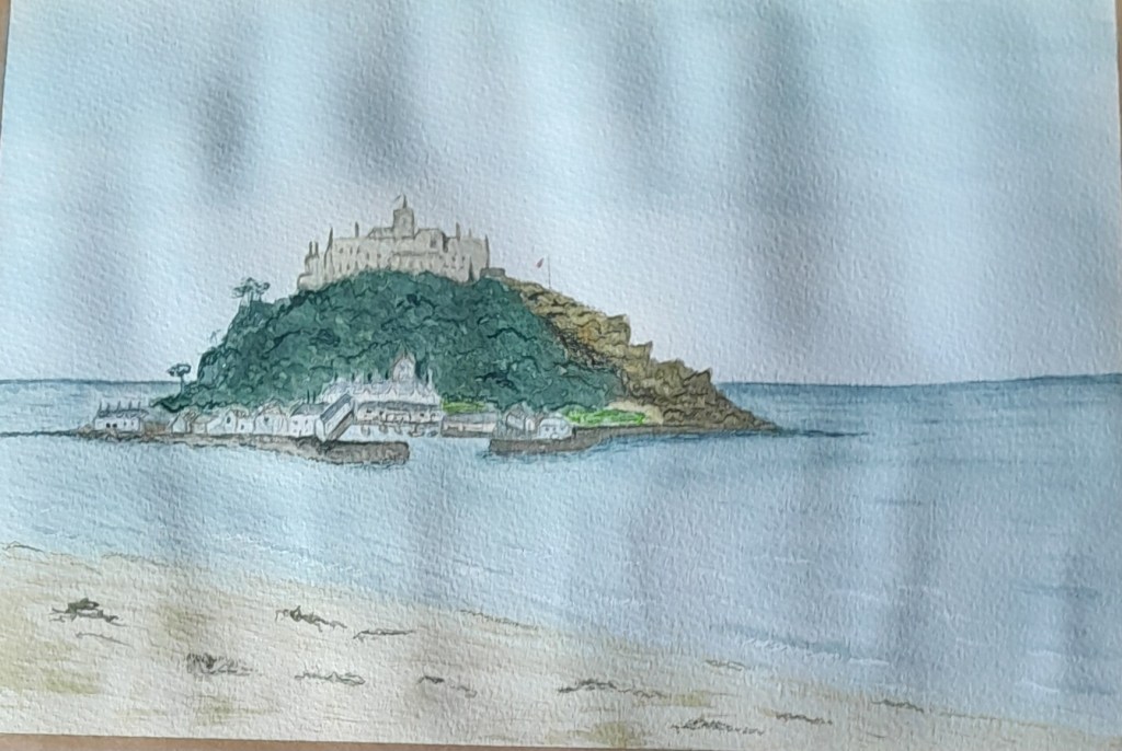 Watercolour painting of St Michael's Mount rising from the sea