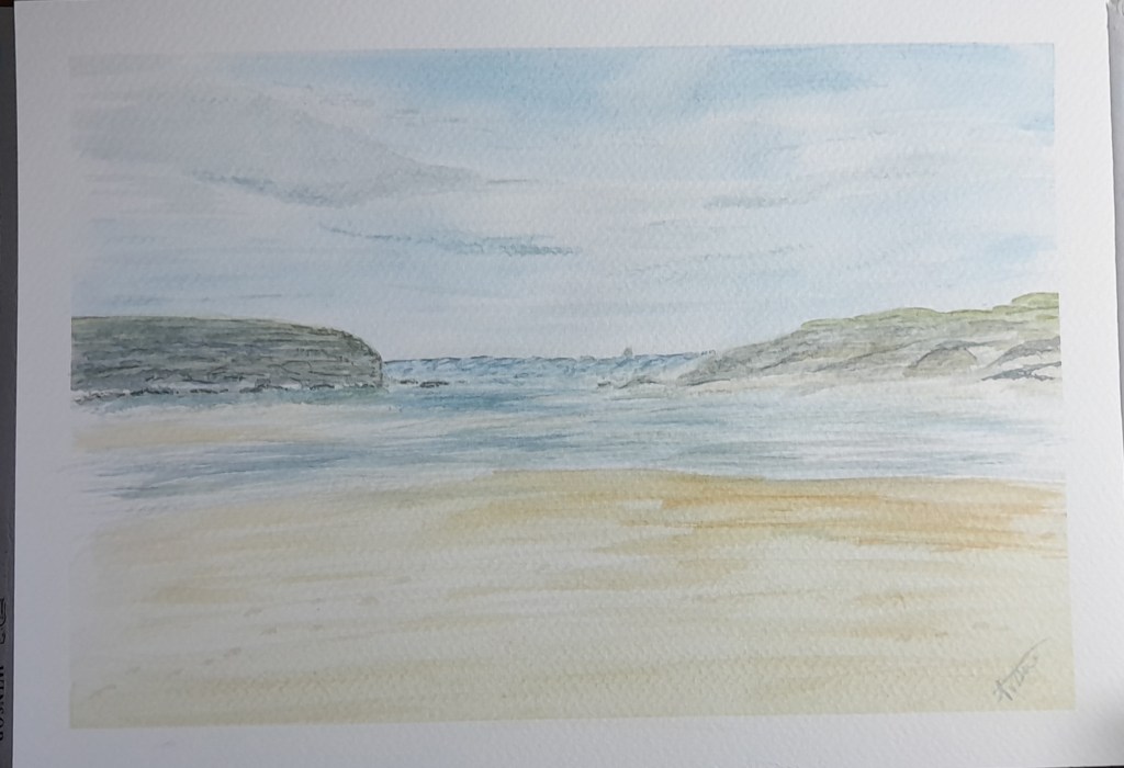 Watercolour landscape painting of a sandy beach cove with rocky headlands